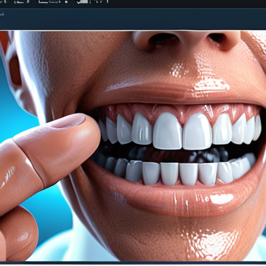 **AI-Powered Precision in Dental Diagnostics:** A modern dentist stands confidently next to a large, translucent holographic display showcasing a highly detailed 3D rendering of a patient's jaw and teeth. Overlaid on the 3D model are glowing, intricate patterns and highlighted areas, representing AI algorithms detecting early lesions, bone density changes, and optimized implant placement. The clinic environment is sleek, bathed in soft, diffused light, emphasizing advanced technology and the seamless integration of artificial intelligence for precise diagnosis and treatment planning. *Style: Futuristic, photorealistic, high detail, medical technology.*