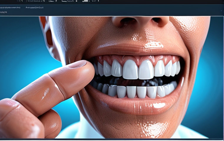 **AI-Powered Precision in Dental Diagnostics:** A modern dentist stands confidently next to a large, translucent holographic display showcasing a highly detailed 3D rendering of a patient's jaw and teeth. Overlaid on the 3D model are glowing, intricate patterns and highlighted areas, representing AI algorithms detecting early lesions, bone density changes, and optimized implant placement. The clinic environment is sleek, bathed in soft, diffused light, emphasizing advanced technology and the seamless integration of artificial intelligence for precise diagnosis and treatment planning. *Style: Futuristic, photorealistic, high detail, medical technology.*