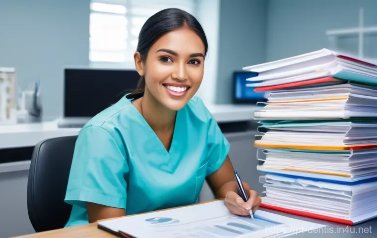 치과의사 국제 자격증 취득 가이드 - **Prompt:** "A diverse, determined young dentist, male or female, sitting at a modern, well-organize...