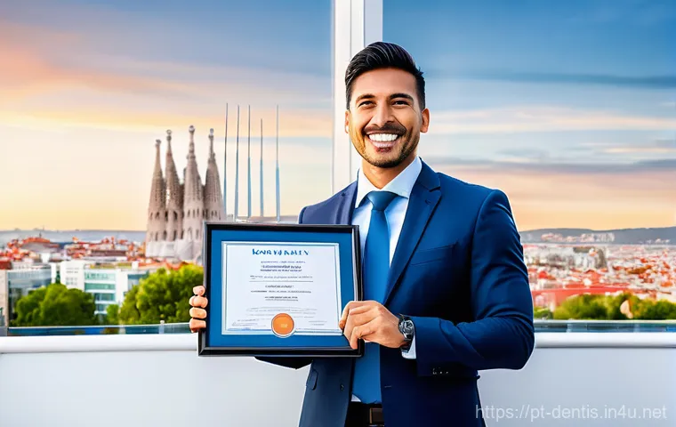 치과의사 국제 자격증 취득 가이드 - **Prompt:** "A compassionate, professional dentist, male or female, wearing clean, light-colored med...