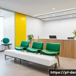 치과 클리닉 운영 성공 비결 - A modern dental clinic reception area designed for Brazilian patients, featuring bright natural ligh...