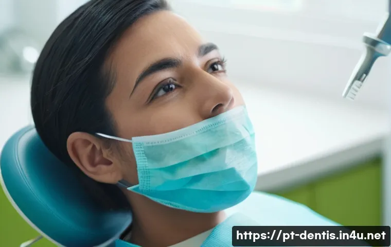 치과 치료 부작용 대처 사례 - A detailed close-up of a young adult patient sitting in a modern dental clinic chair, wearing a dent...