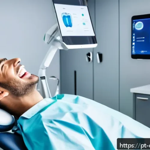 치과 보철 제작 트렌드 - A modern dental clinic scene focused on a dentist using a high-tech intraoral scanner on a patient w...