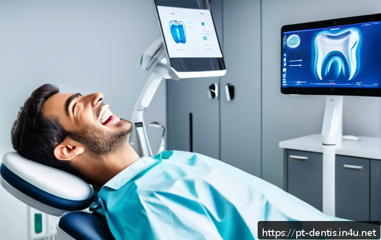 치과 보철 제작 트렌드 - A modern dental clinic scene focused on a dentist using a high-tech intraoral scanner on a patient w...