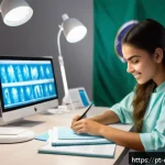 치과의사 면허 시험 기출 문제 분석 - A focused young adult Brazilian dental student studying at a modern desk with multiple digital devic...