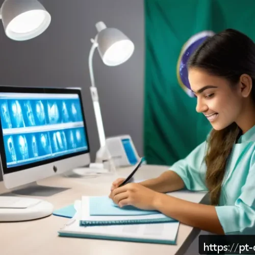 치과의사 면허 시험 기출 문제 분석 - A focused young adult Brazilian dental student studying at a modern desk with multiple digital devic...