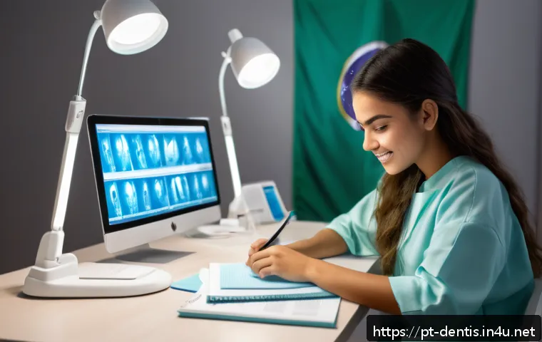 치과의사 면허 시험 기출 문제 분석 - A focused young adult Brazilian dental student studying at a modern desk with multiple digital devic...