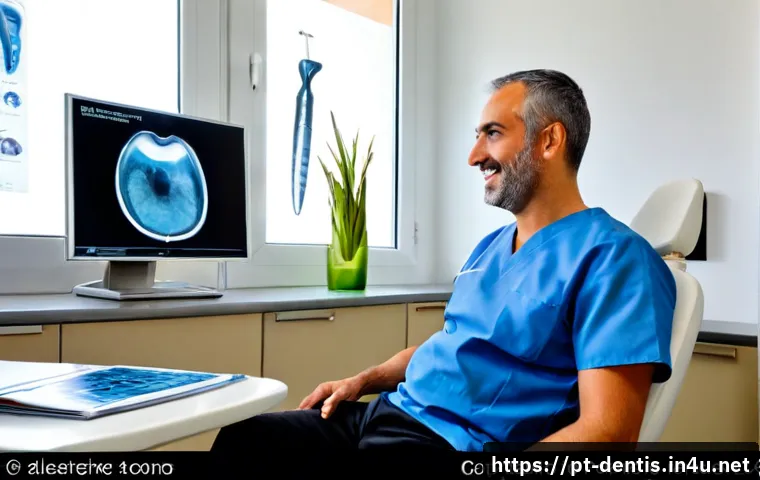 Home 17 치과 신경 치료에서의 주의사항 - Photorealistic dental clinic consultation in Portugal, a calm middle-aged patient seated beside a de...